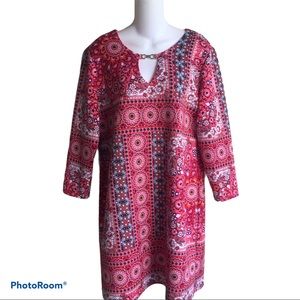 Tiana B. Red Multi Paisley Shift Dress Stretch 10 Gold Hardware 3/4 Sleeves